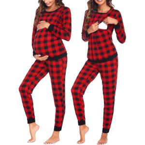 Ekouaer Nursing Pajama Set Long Sleeve Maternity Clothes Labor Pregnancy Pjs Breastfeeding Thermal Underwear Sleepwear(Black Red Plaid)