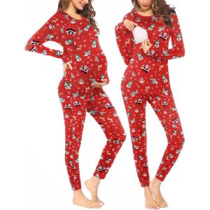 Ekouaer Nursing Pajama Set Long Sleeve Maternity Clothes Labor Pregnancy Pjs Breastfeeding Thermal Underwear Sleepwear(Christmas Red)