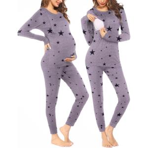 Ekouaer Nursing Pajama Set Long Sleeve Maternity Clothes Labor Pregnancy Pjs Breastfeeding Thermal Underwear Sleepwear(Grey Star)