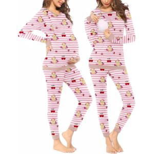 Ekouaer Nursing Pajama Set Long Sleeve Maternity Clothes Labor Pregnancy Pjs Breastfeeding Thermal Underwear Sleepwear(Pink Beige Beer Stripe)
