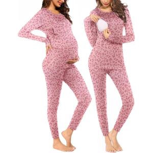 Ekouaer Nursing Pajama Set Long Sleeve Maternity Clothes Labor Pregnancy Pjs Breastfeeding Thermal Underwear Sleepwear(Pink Leopard)