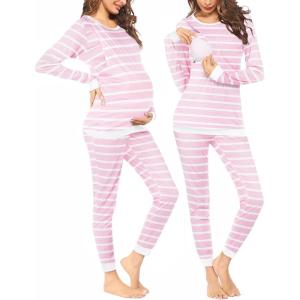 Ekouaer Nursing Pajama Set Long Sleeve Maternity Clothes Labor Pregnancy Pjs Breastfeeding Thermal Underwear Sleepwear(Pink Stripe)