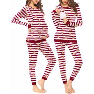 Ekouaer Nursing Pajama Set Long Sleeve Maternity Clothes Labor Pregnancy Pjs Breastfeeding Thermal Underwear Sleepwear(Red Beige Beer Stripe)