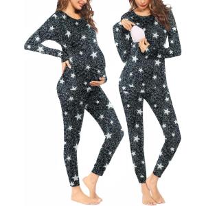 Ekouaer Nursing Pajama Set Long Sleeve Maternity Clothes Labor Pregnancy Pjs Breastfeeding Thermal Underwear Sleepwear(Strar Dark Gray)