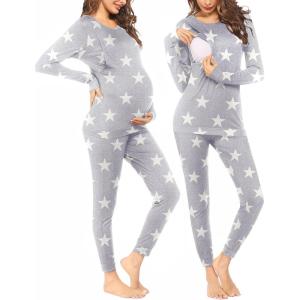Ekouaer Nursing Pajama Set Long Sleeve Maternity Clothes Labor Pregnancy Pjs Breastfeeding Thermal Underwear Sleepwear(Strar Light Gray)