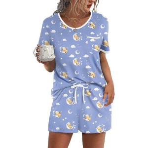 Ekouaer Pajama Set for Women 2 Piece Lounge Set Short Sleeve Tops and Shorts Soft Sleepwear, Chest Pocket(Teddy-blue Moon)