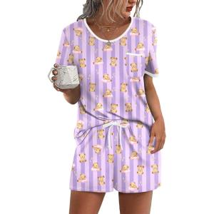 Ekouaer Pajama Set for Women 2 Piece Lounge Set Short Sleeve Tops and Shorts Soft Sleepwear, Chest Pocket(Teddy-purple Striped)