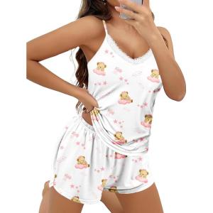 Ekouaer Pajama Sets for Women 2 Piece Soft Lingerie Sleepwear Cute Print Cami Pj Shorts Set Lace Nightwear(Teddy White)