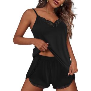 Ekouaer Pajama Sets for Women Lingerie Sleepwear 2 Piece Cami Split Short Set V Neck Lace Pjs(Black2)