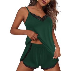 Ekouaer Pajama Sets for Women Lingerie Sleepwear 2 Piece Cami Split Short Set V Neck Lace Pjs(Dark Green)