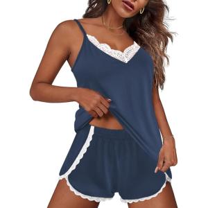 Ekouaer Pajama Sets for Women Lingerie Sleepwear 2 Piece Cami Split Short Set V Neck Lace Pjs(Navy Blue)