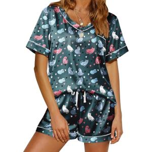 Ekouaer Silk Pajama for Women Short Sleeve Satin Pj Set Two Piece Soft Sleepwear Loungewear, S-XXL(Dark Blue Cat & Heart)