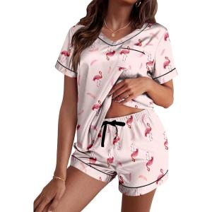 Ekouaer Silk Pajama for Women Short Sleeve Satin Pj Set Two Piece Soft Sleepwear Loungewear, S-XXL(Flamingo)