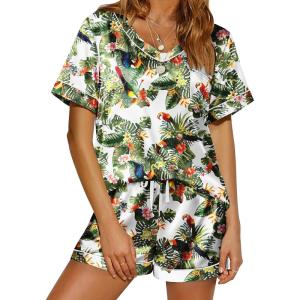 Ekouaer Silk Pajama for Women Short Sleeve Satin Pj Set Two Piece Soft Sleepwear Loungewear, S-XXL(Green Leaves)