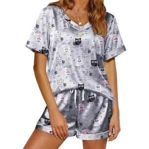 Ekouaer Silk Pajama for Women Short Sleeve Satin Pj Set Two Piece Soft Sleepwear Loungewear, S-XXL(Grey Owl)