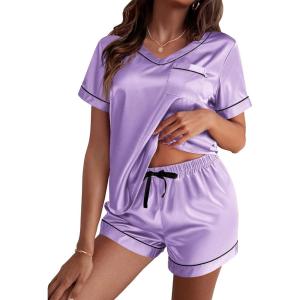 Ekouaer Silk Pajama for Women Short Sleeve Satin Pj Set Two Piece Soft Sleepwear Loungewear, S-XXL(Lavender)