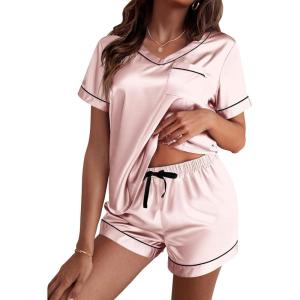 Ekouaer Silk Pajama for Women Short Sleeve Satin Pj Set Two Piece Soft Sleepwear Loungewear, S-XXL(Light Pink)