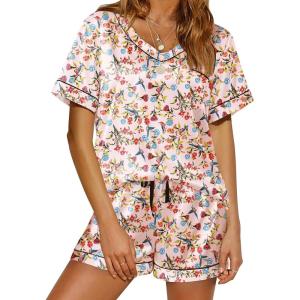 Ekouaer Silk Pajama for Women Short Sleeve Satin Pj Set Two Piece Soft Sleepwear Loungewear, S-XXL(Parrot Garden)