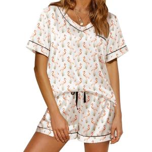 Ekouaer Silk Pajama for Women Short Sleeve Satin Pj Set Two Piece Soft Sleepwear Loungewear, S-XXL(Pink Flamingo)