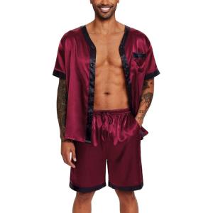 Ekouaer Silk Pajamas for Men Satin Pajama Shorts 2 Piece Button Down Pj Set V Neck Sleepwear Loungewear with Pockets S-XXL(Wine Red)