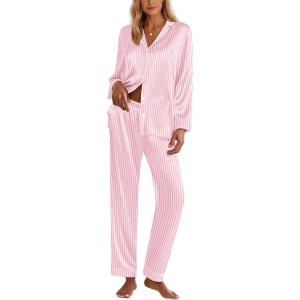 Ekouaer Silk Pajamas for Women Classic Button Down Satin Pajama Sets Long Sleeve Lounge Set(01 Pink Striped)