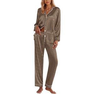 Ekouaer Silk Pajamas for Women Classic Button Down Satin Pajama Sets Long Sleeve Lounge Set(Black Brown Stripe)