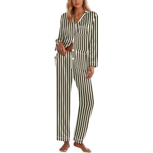 Ekouaer Silk Pajamas for Women Classic Button Down Satin Pajama Sets Long Sleeve Lounge Set(Black Champagne Stripe)