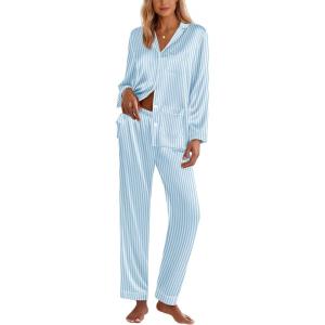Ekouaer Silk Pajamas for Women Classic Button Down Satin Pajama Sets Long Sleeve Lounge Set(Blue Striped)