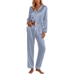 Ekouaer Silk Pajamas for Women Classic Button Down Satin Pajama Sets Long Sleeve Lounge Set(Blue White Stripe)