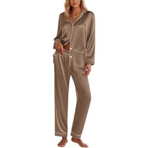 Ekouaer Silk Pajamas for Women Classic Button Down Satin Pajama Sets Long Sleeve Lounge Set(Brown)
