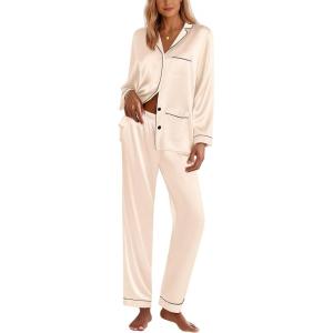 Ekouaer Silk Pajamas for Women Classic Button Down Satin Pajama Sets Long Sleeve Lounge Set(Champagne)