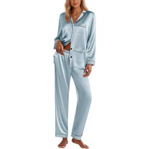 Ekouaer Silk Pajamas for Women Classic Button Down Satin Pajama Sets Long Sleeve Lounge Set(Clear Blue)