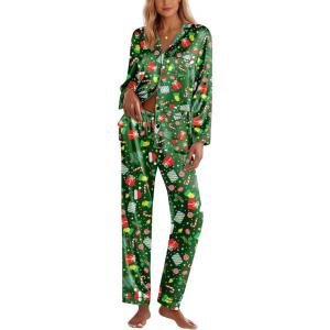 Ekouaer Silk Pajamas for Women Classic Button Down Satin Pajama Sets Long Sleeve Lounge Set(Green Chirstmas Pattern)
