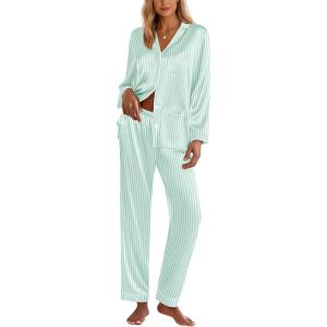 Ekouaer Silk Pajamas for Women Classic Button Down Satin Pajama Sets Long Sleeve Lounge Set(Green Striped)