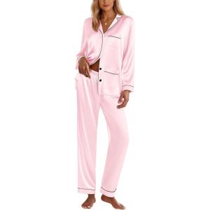 Ekouaer Silk Pajamas for Women Classic Button Down Satin Pajama Sets Long Sleeve Lounge Set(Pink)