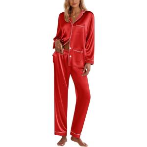 Ekouaer Silk Pajamas for Women Classic Button Down Satin Pajama Sets Long Sleeve Lounge Set(Red)
