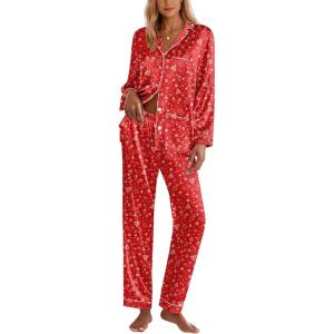 Ekouaer Silk Pajamas for Women Classic Button Down Satin Pajama Sets Long Sleeve Lounge Set(Red Chirstmas Pattern)