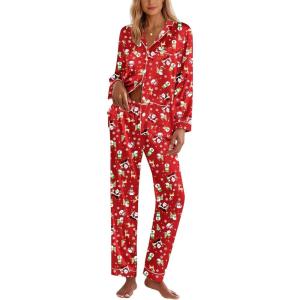 Ekouaer Silk Pajamas for Women Classic Button Down Satin Pajama Sets Long Sleeve Lounge Set(Red Snowman)