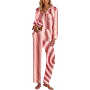 Ekouaer Silk Pajamas for Women Classic Button Down Satin Pajama Sets Long Sleeve Lounge Set(Red White Stripe)