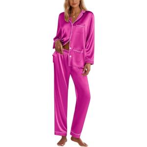 Ekouaer Silk Pajamas for Women Classic Button Down Satin Pajama Sets Long Sleeve Lounge Set(Rose)