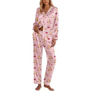 Ekouaer Silk Pajamas for Women Classic Button Down Satin Pajama Sets Long Sleeve Lounge Set(Teddy Cherry Striped)