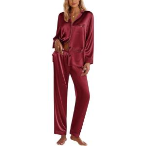 Ekouaer Silk Pajamas for Women Classic Button Down Satin Pajama Sets Long Sleeve Lounge Set(Wine Red)