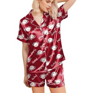 Ekouaer Silk Pajamas for Women Funny Teddy Sleepwear Comfy Short Sleeve Button Down Loungewear Satin Pjs Shorts Set(Wine)
