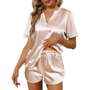 Ekouaer Silk Pajamas for Women Short Sleeve Satin Sleepwear Two-piece Pjs Set Soft V Neck Loungewear,S-XXL(Champagne)
