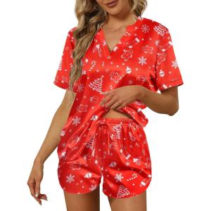 Ekouaer Silk Pajamas for Women Short Sleeve Satin Sleepwear Two-piece Pjs Set Soft V Neck Loungewear,S-XXL(Christmas Red)
