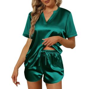 Ekouaer Silk Pajamas for Women Short Sleeve Satin Sleepwear Two-piece Pjs Set Soft V Neck Loungewear,S-XXL(Dark Green)
