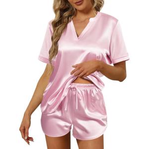 Ekouaer Silk Pajamas for Women Short Sleeve Satin Sleepwear Two-piece Pjs Set Soft V Neck Loungewear,S-XXL(Pink)