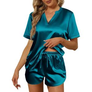 Ekouaer Silk Pajamas for Women Short Sleeve Satin Sleepwear Two-piece Pjs Set Soft V Neck Loungewear,S-XXL(Teal Blue)