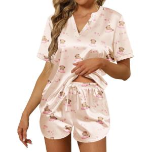 Ekouaer Silk Pajamas for Women Short Sleeve Satin Sleepwear Two-piece Pjs Set Soft V Neck Loungewear,S-XXL(Teddy Bear)