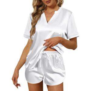Ekouaer Silk Pajamas for Women Short Sleeve Satin Sleepwear Two-piece Pjs Set Soft V Neck Loungewear,S-XXL(White)
